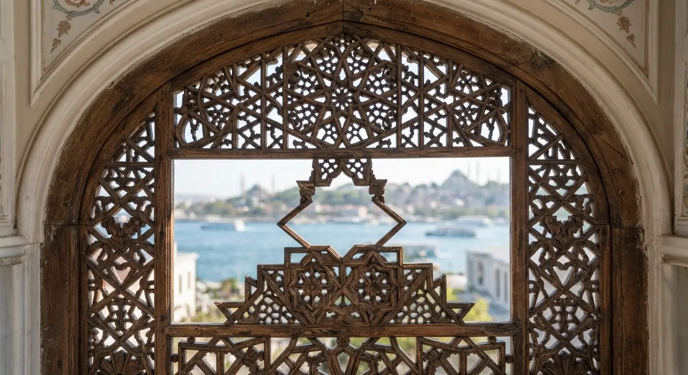 Detail of a carved wooden lattice window, the Bosphorus blurred beyond its geometry.