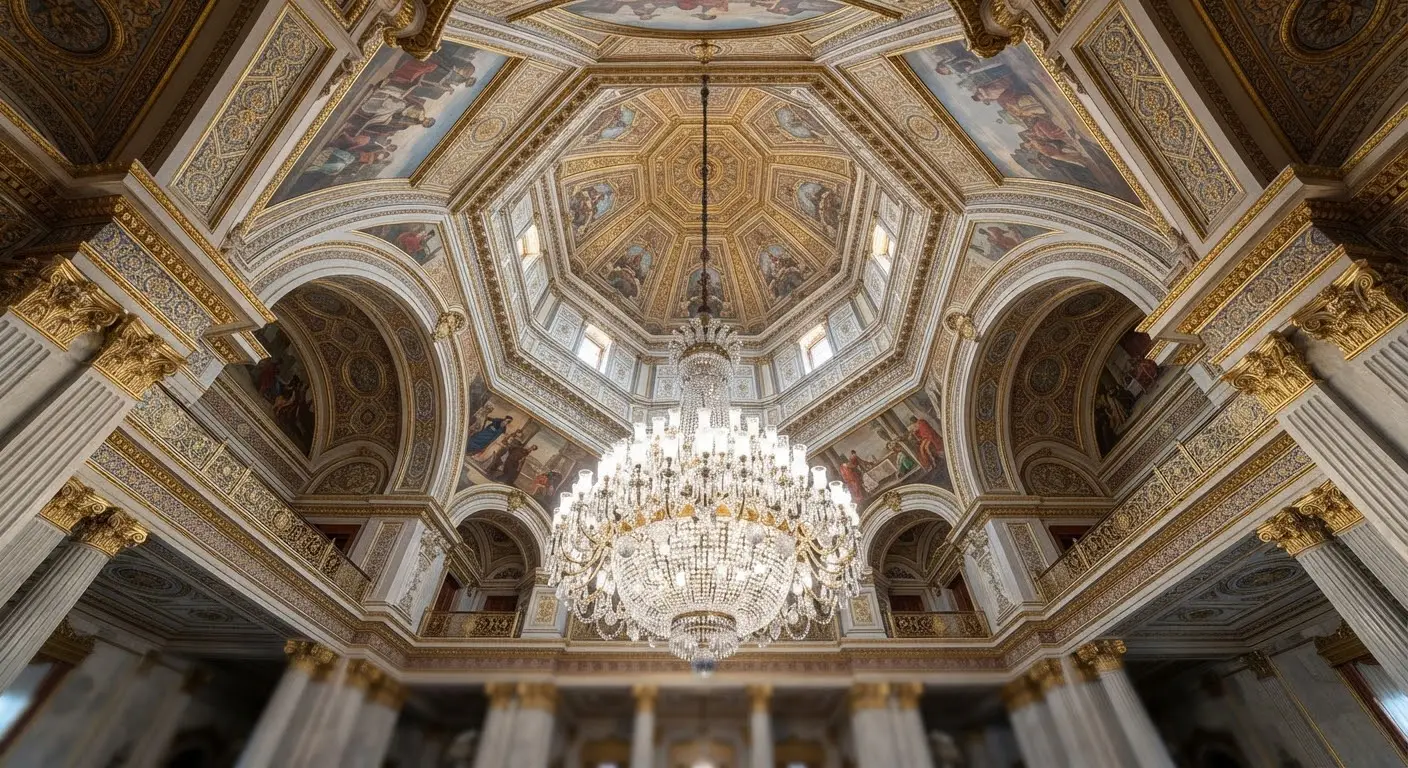 Looking up into the Ceremonial Hall dome, the Bohemian chandelier centred under painted trompe l’oeil.