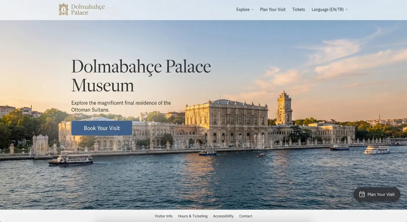 The palace facade at golden hour above the Bosphorus, warm light across the neoclassical front.