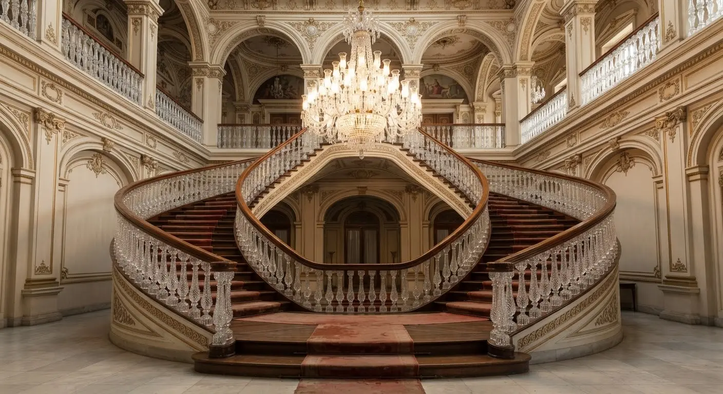 The Crystal Staircase, its Baccarat balusters under a great chandelier, curving in a double horseshoe.