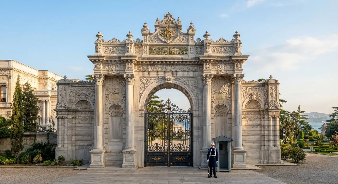 The Treasury Gate, robust columns and ornate pediments above dark iron leaves.