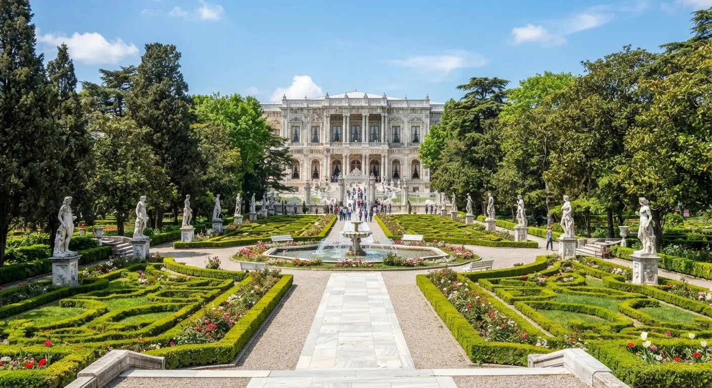 The formal gardens in perspective: clipped hedges and a central fountain leading to the facade.