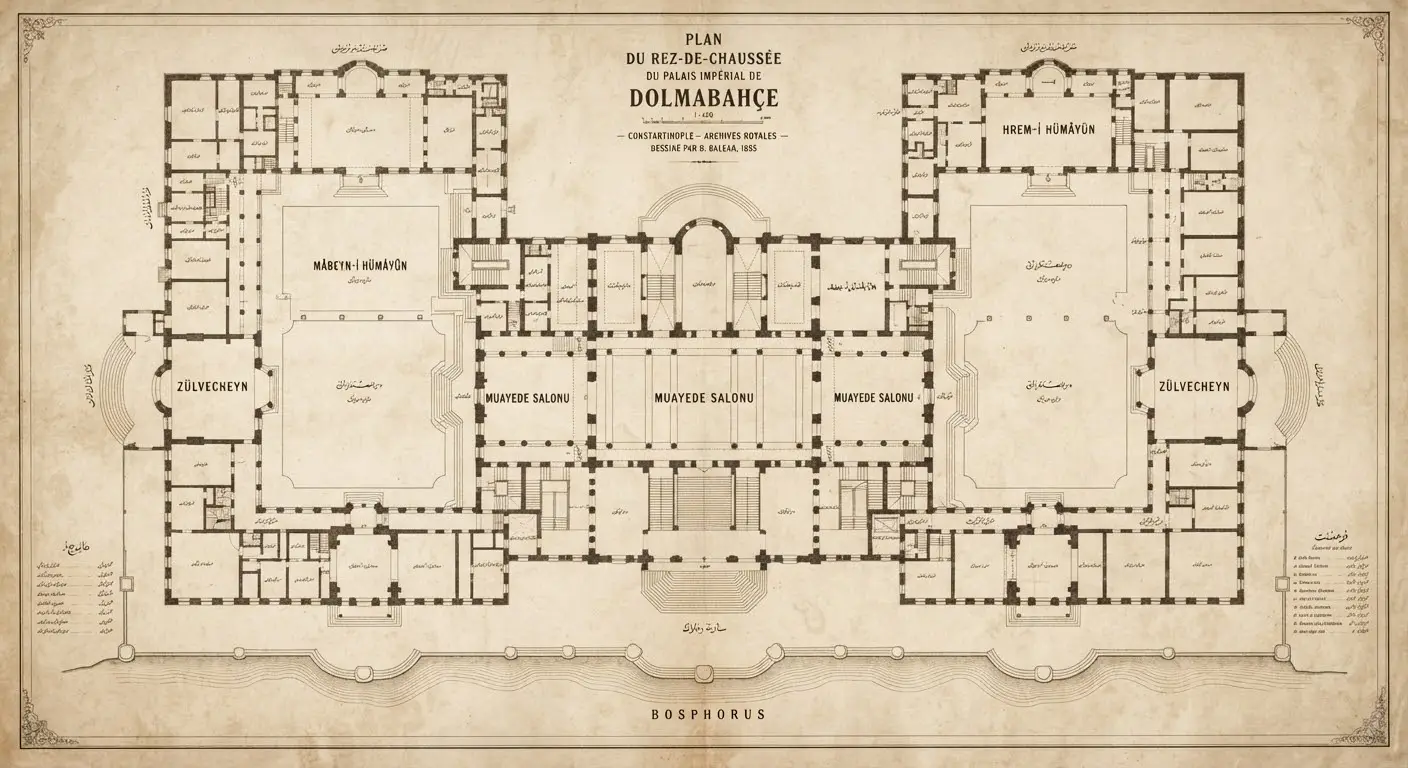 An archival floor plan of the palace on parchment, showing its symmetry and scale.