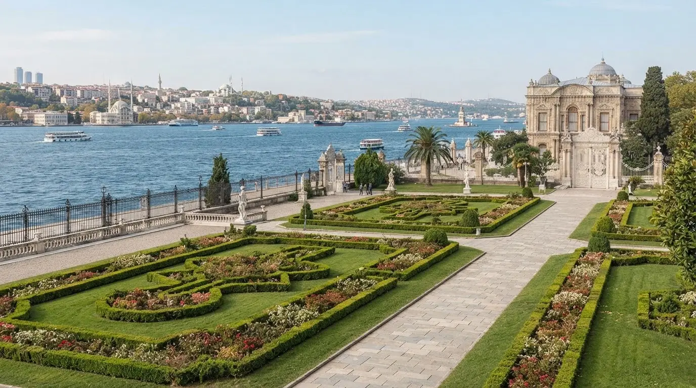 The palace gardens looking out to the Bosphorus, clipped hedges and open water.