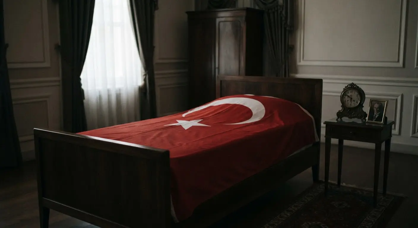 Atatürk’s room, the bed draped in the Turkish flag, a clock stopped at 09:05 beside it.