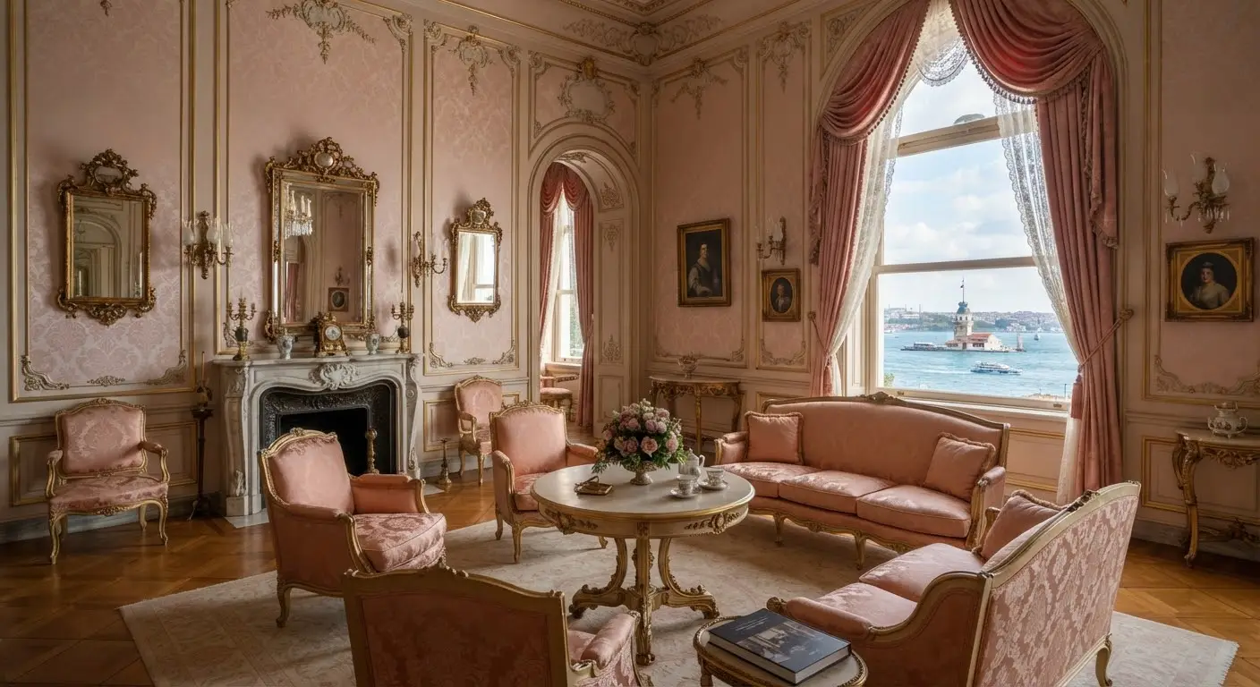 The Pink Hall: soft damask walls and warm upholstery, a wide window onto the Bosphorus.