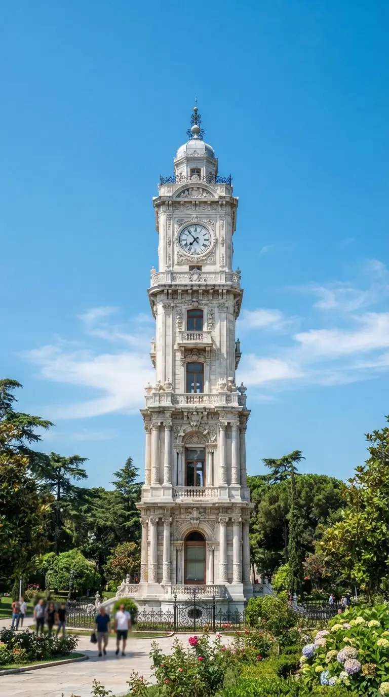 The neo-baroque clock tower rising against a clear sky, its face near the top.
