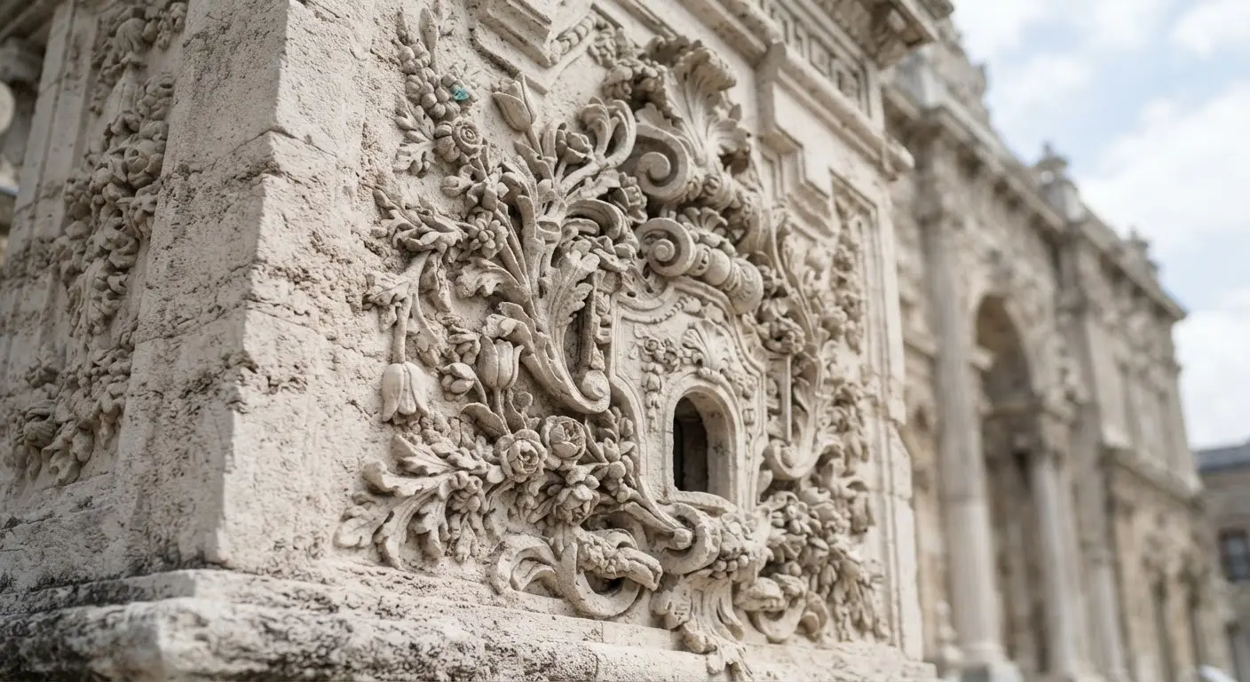 Close detail of floral and neoclassical carving on the limestone exterior.