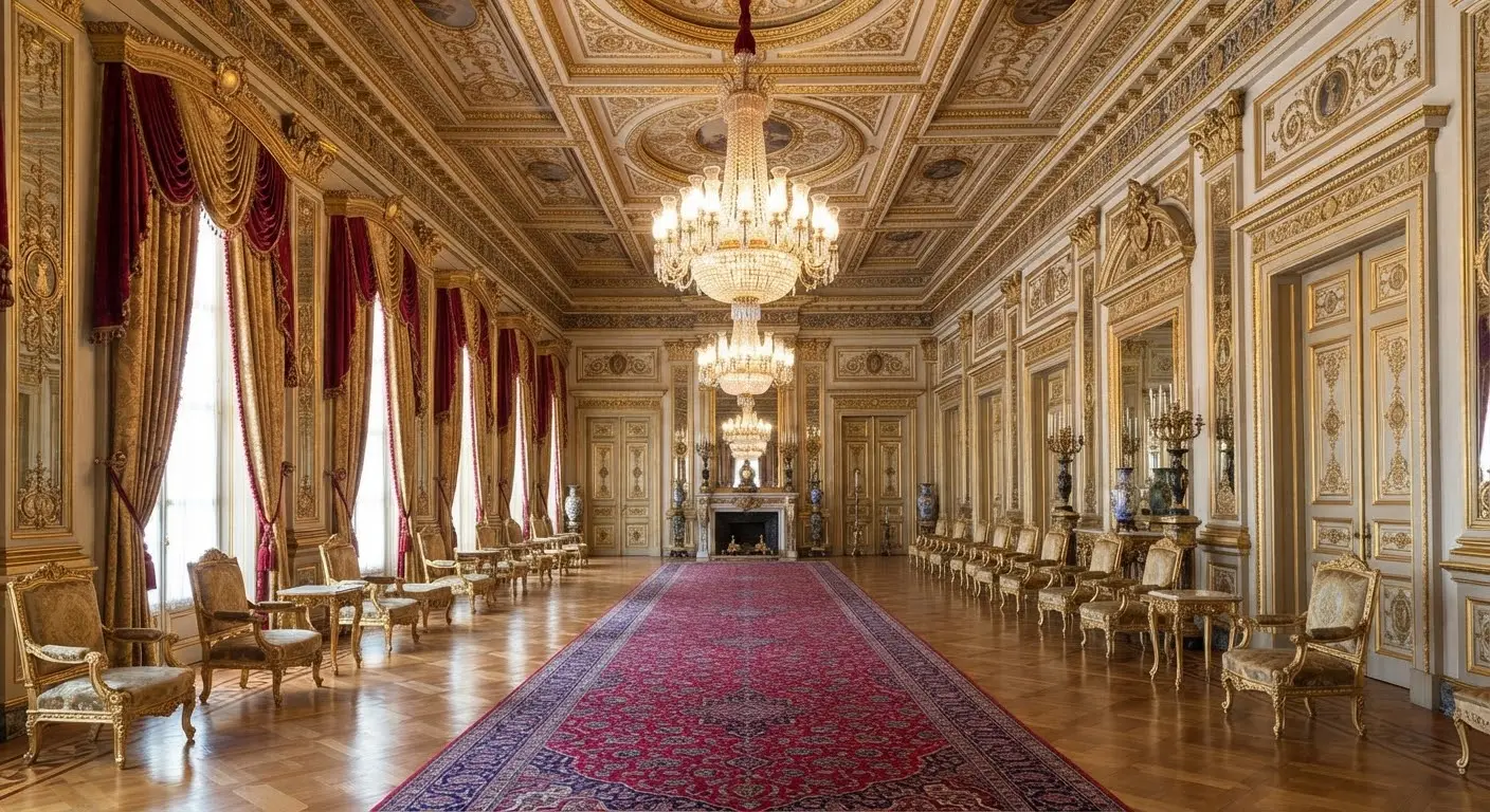 The Sufera Hall for receiving ambassadors, seen along its length: ornate ceilings and heavy drapery.