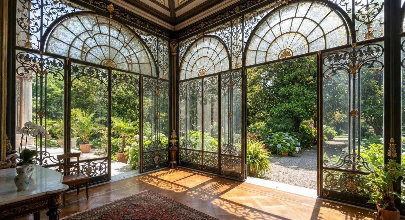 Detail of the Glass Pavilion: decorative panes and wrought iron with greenery beyond.