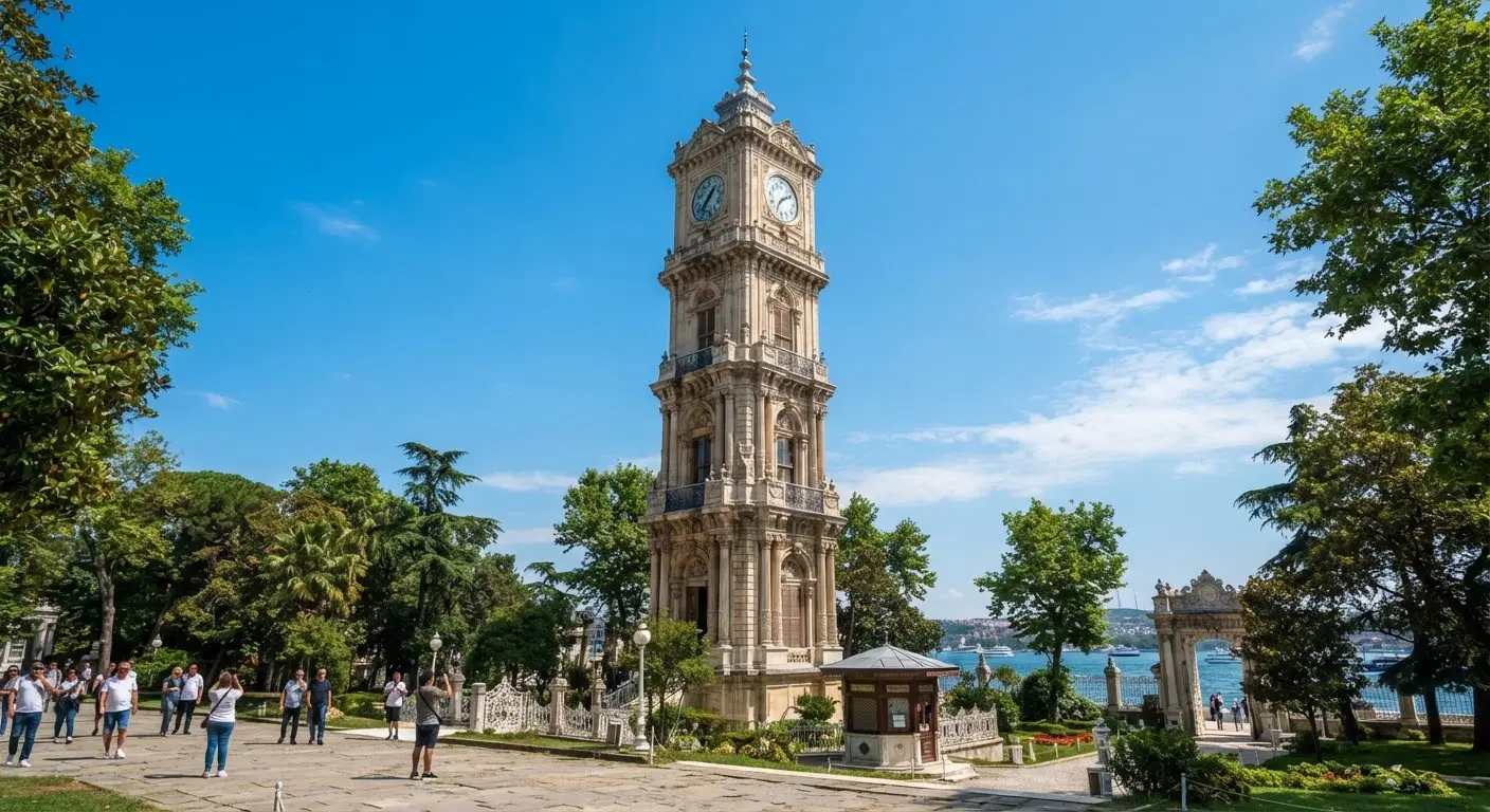 The clock tower against a clear sky, its baroque detail in warm limestone.