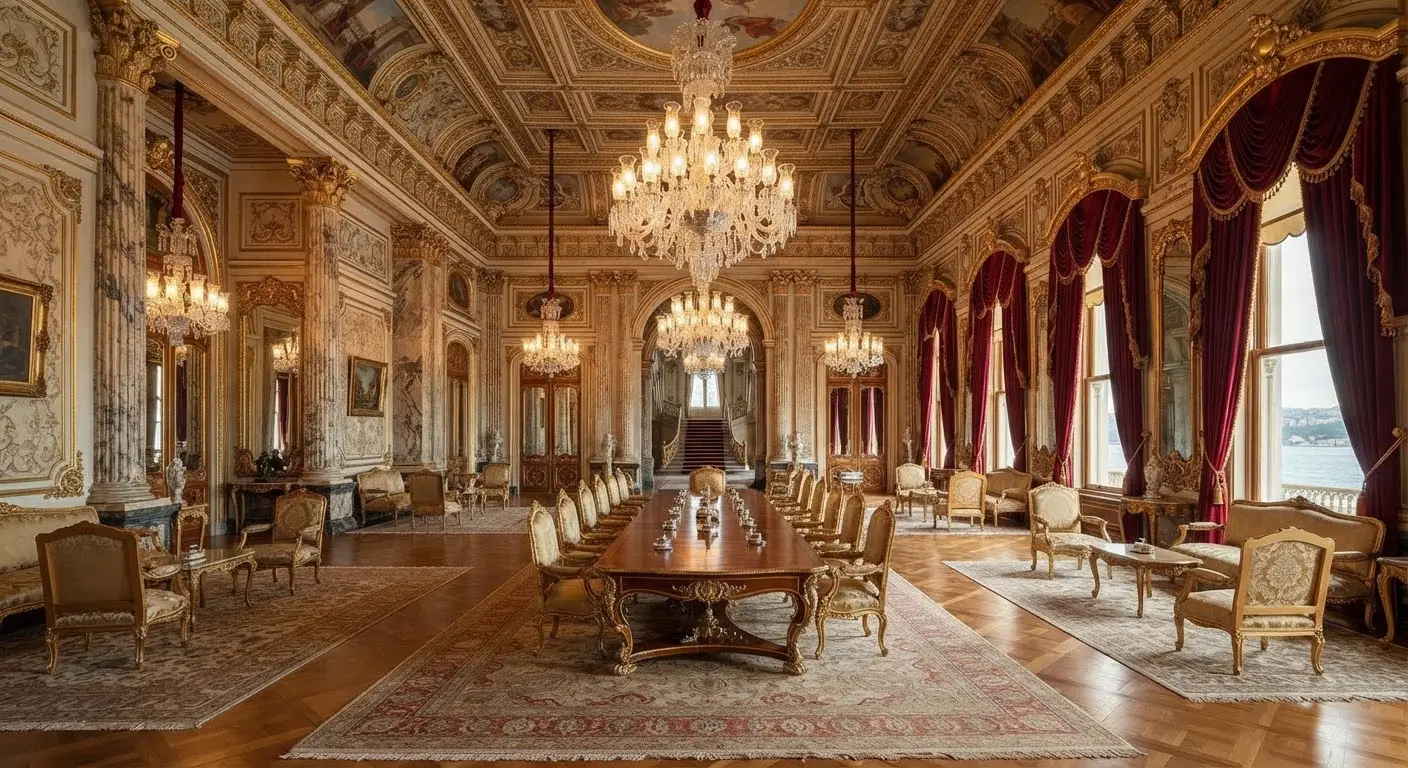 Inside the Selamlik: rich walls, heavy drapery and crystal chandeliers in a formal layout.