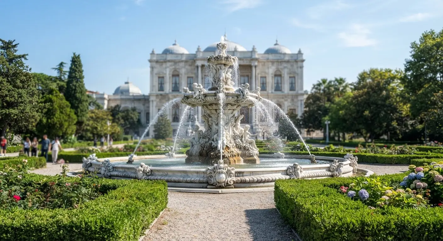 An ornate fountain in the gardens, clipped hedges in front and the palace facade softly behind.