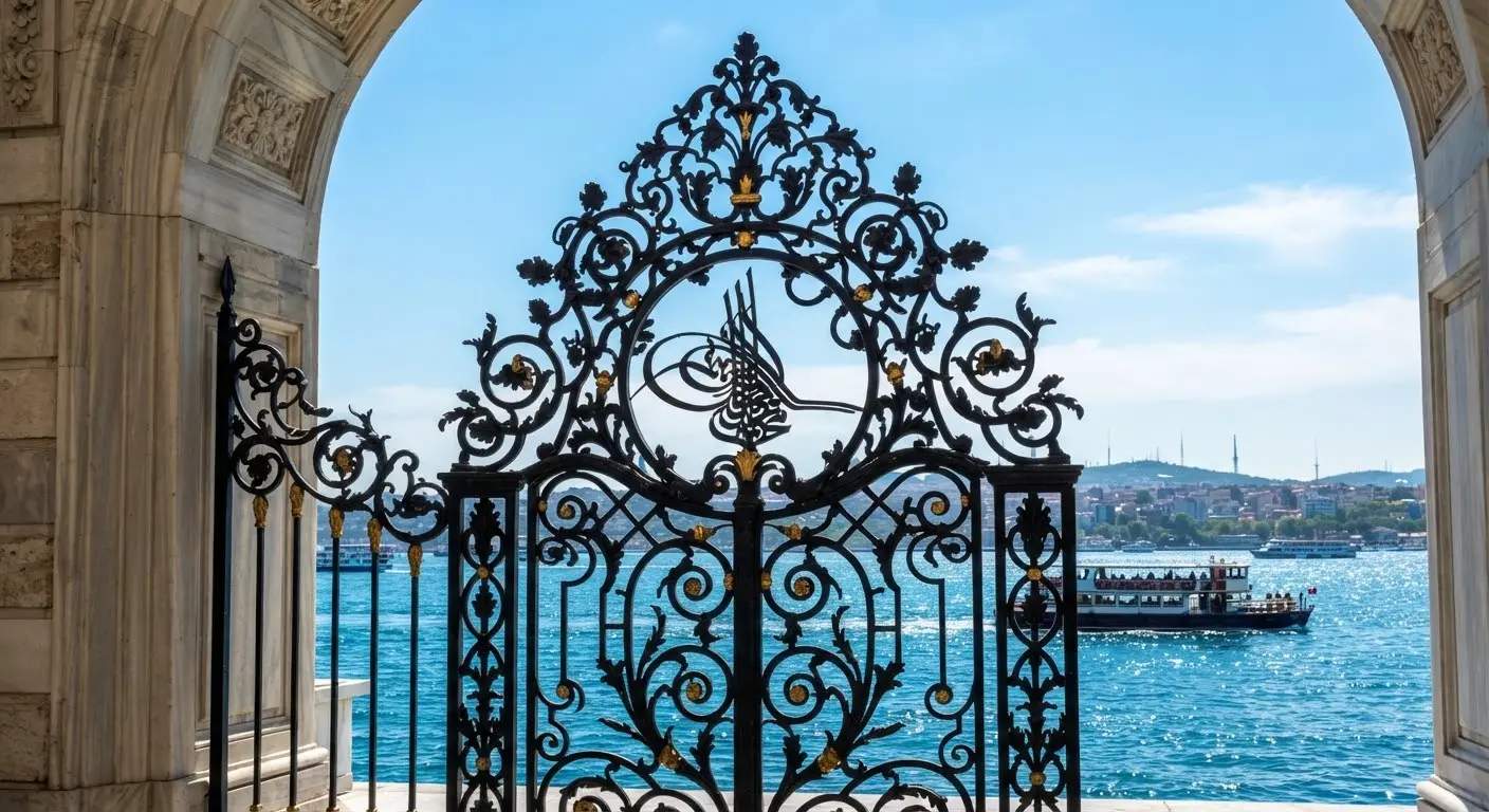 The wrought-iron gates in silhouette against the bright water and sky.