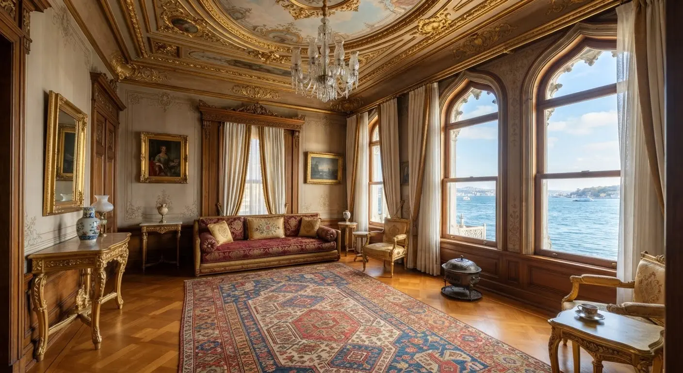 The Harem interior: Turkish carpets, moulded ceilings and windows over the sea.
