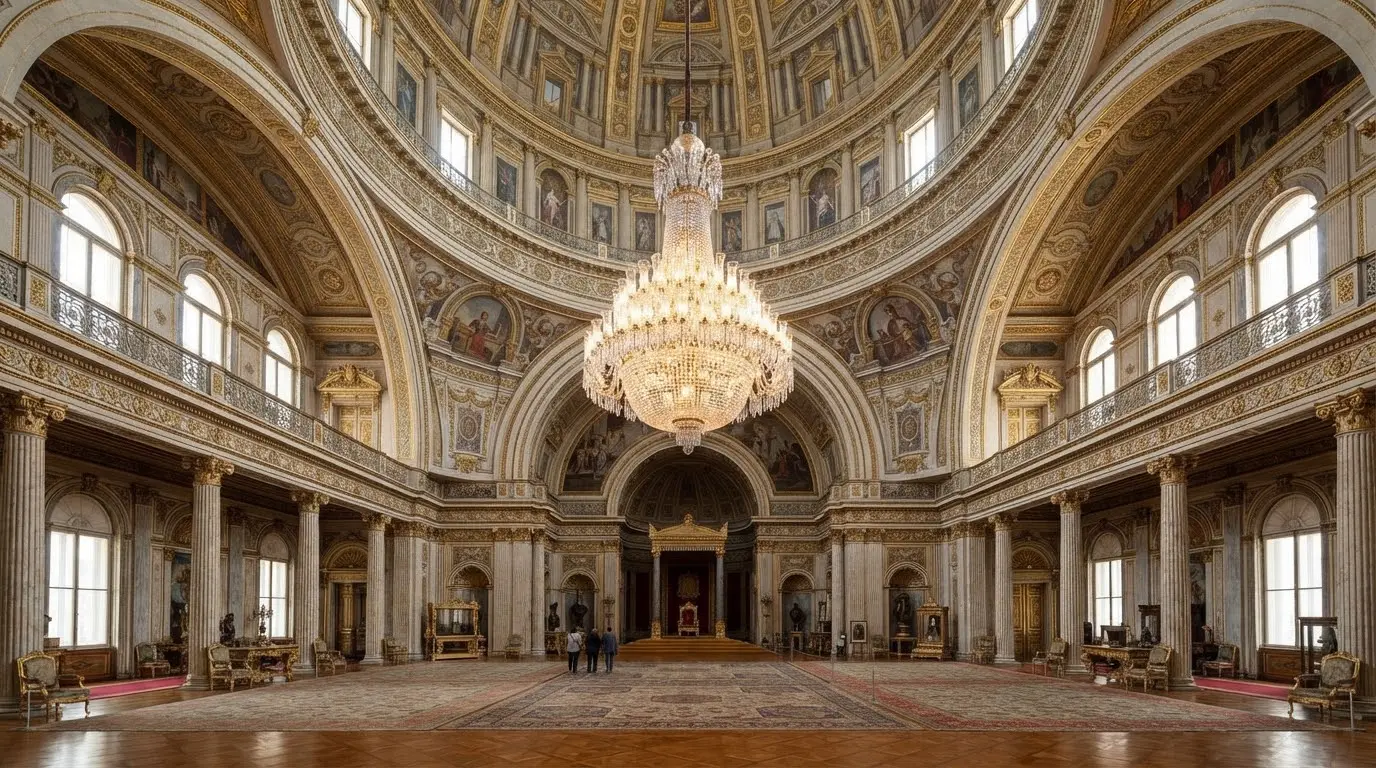 The Ceremonial Hall under its painted dome, the great Bohemian chandelier at its centre.
