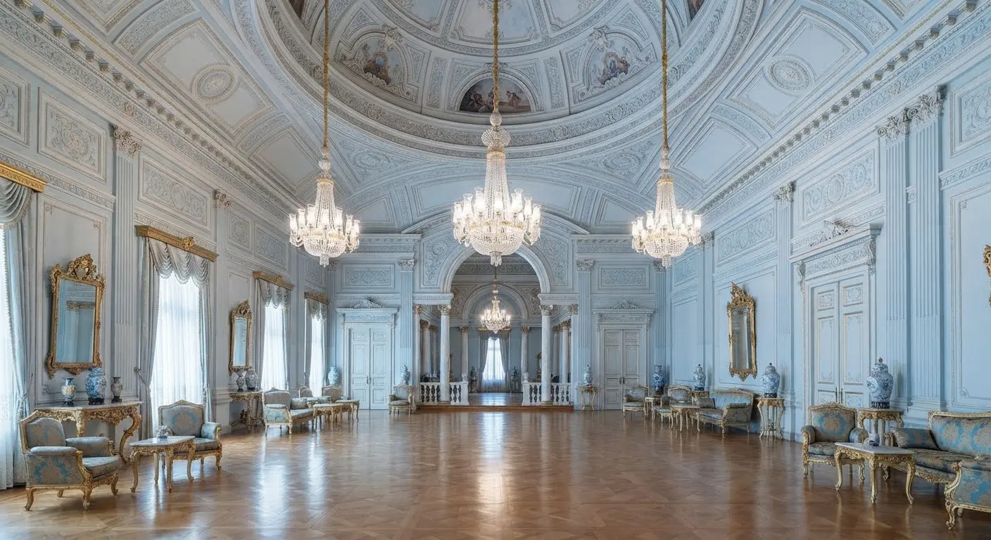 The Blue Hall: pale blue trompe-l’oeil walls and ceilings under grand crystal chandeliers.